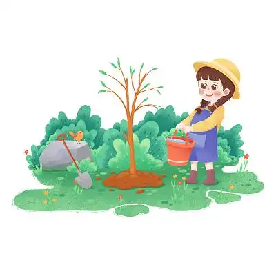 卡通人物312植树节绿色女孩草丛种树劳动元素