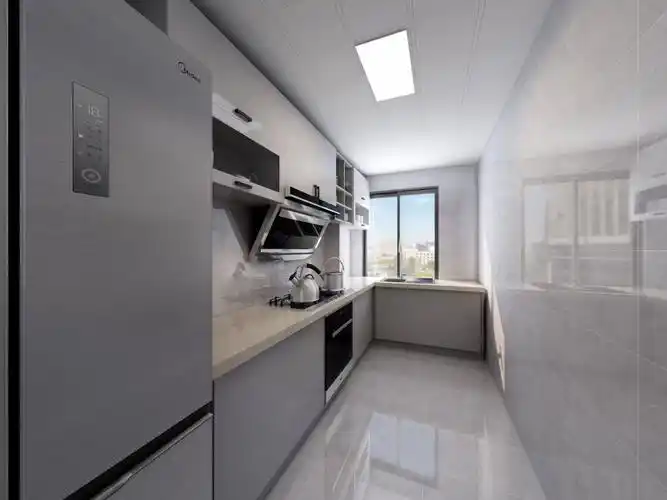 厨房整体采用的灰色的柜体,与客厅的灰色家具相呼应,石材台面