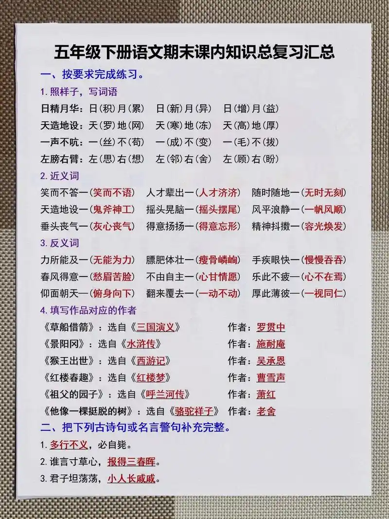 整理了一份小学五年级下册语文重点知识期末复习汇总,期末易考知 - 抖