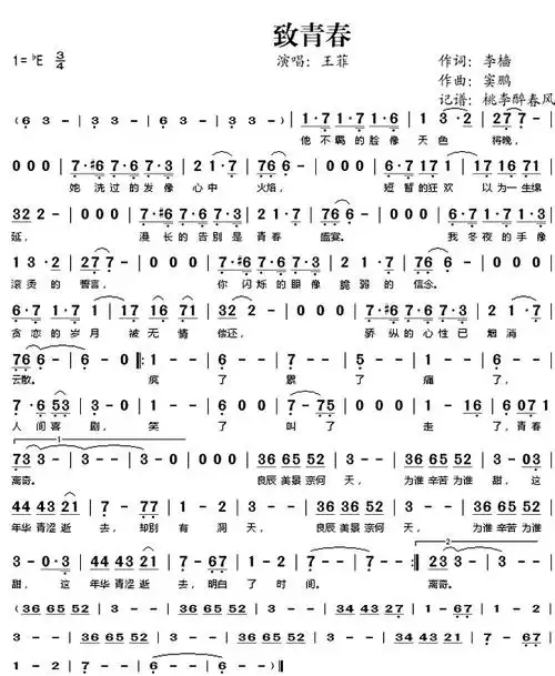 《致青春》_歌谱简谱_歌词简介_曲谱资料