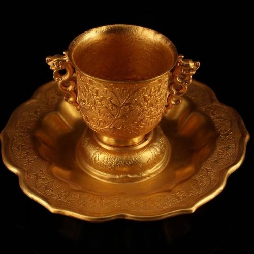 珍藏乡下收地宫出土唐代纯铜鎏金酒具酒托一套古玩古董老鎏金酒杯