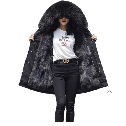 2018新款冬季海宁狐狸貉子毛内胆派克服女中长款派克大衣皮草外套