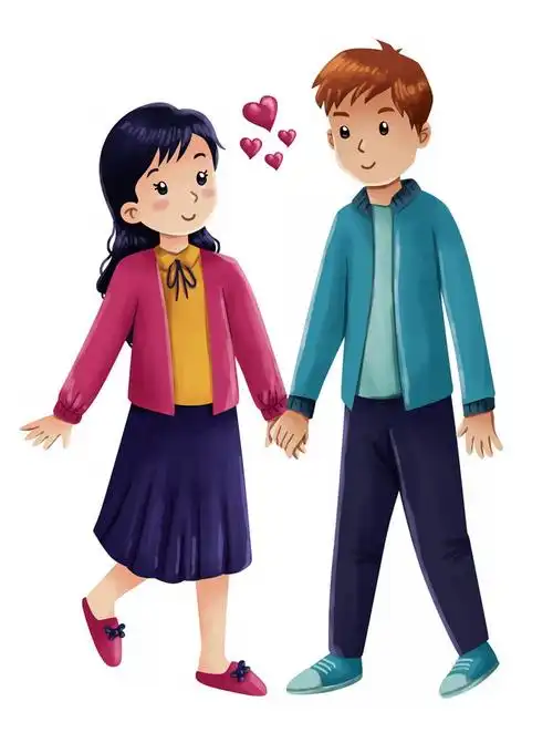 手牵手的卡通男孩女孩情侣彩绘插画522641png图片素材