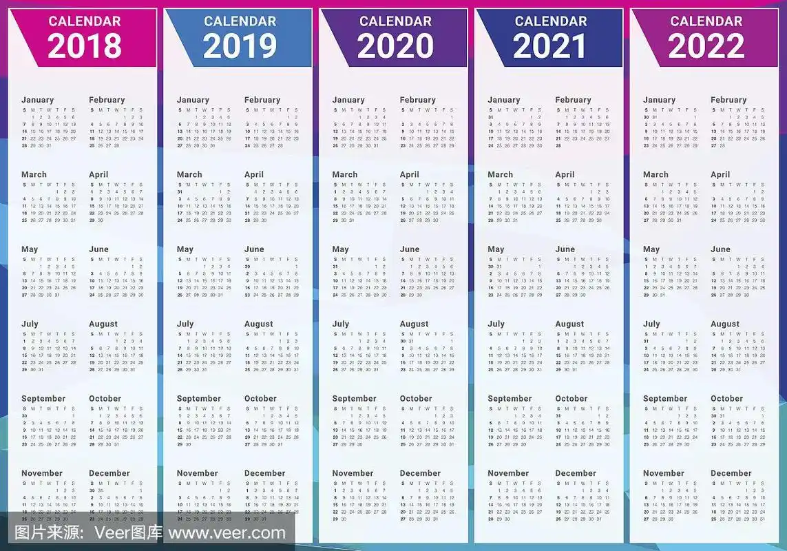 2018年2019年2020年2021年2022年日历矢量