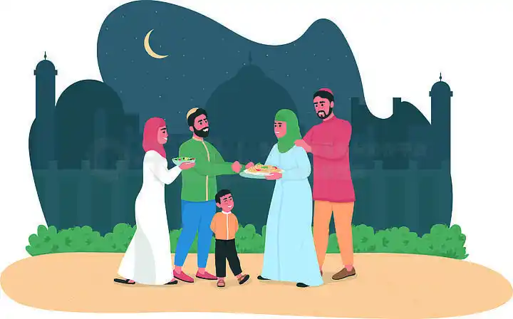 穆斯林家庭在卡通背景下交换食物扁平人物.