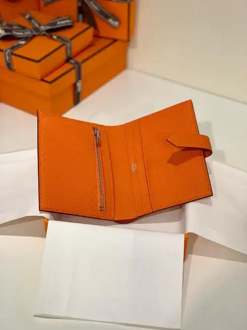 hermes经典款钱夹 爱马仕橙色epsom皮bearn短款钱包 银扣