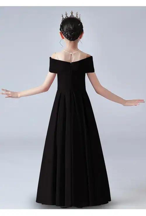 欢稚钢琴演奏礼服女童公主裙秋季高端黑色晚礼服儿童生日主持人连衣裙