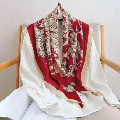 优雅女士时尚仿桑蚕丝丝巾中国风高端牡丹花缎面大方巾送长辈礼品