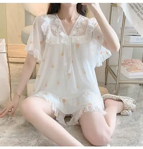 网纱v领刺绣花边白色网纱睡衣满印夏季短袖短裤家居服 - 17网