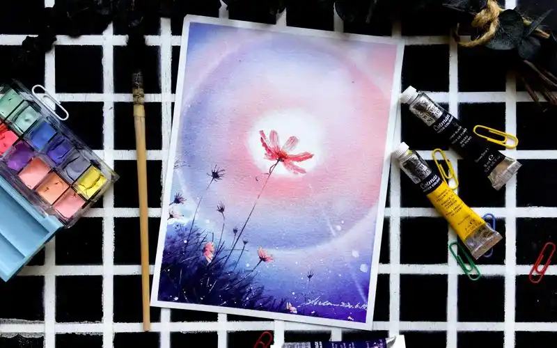 水彩教程水彩手绘过程写实唯美风景画植物花草光芒阳光之下