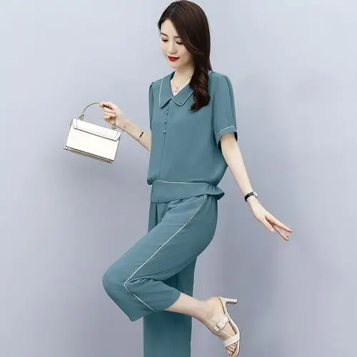 妈妈夏装短袖t恤两件套中年女装洋气上衣40岁50中老年时尚套装女