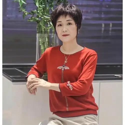 十玫瑰/针织衫]妈妈装春装t恤中年春秋衣服50岁中老年女装上衣优惠券