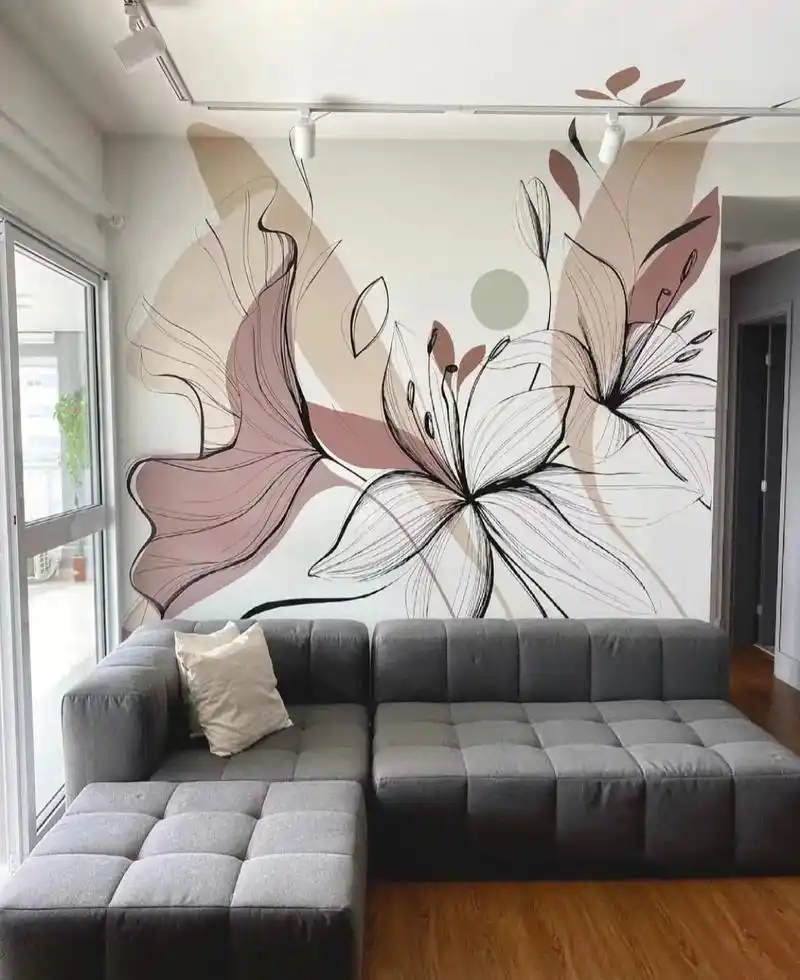 沙发背景墙手绘装饰画—墙绘涂鸦软装装饰 简约风格装饰风格背景 - 抖