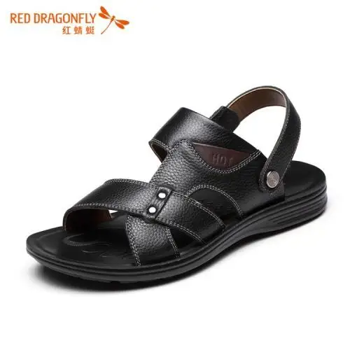 红蜻蜓男鞋夏季新款真皮沙滩鞋露趾男士凉鞋透气休闲皮凉鞋