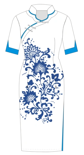 蓝白相间带有花纹的斜襟旗袍