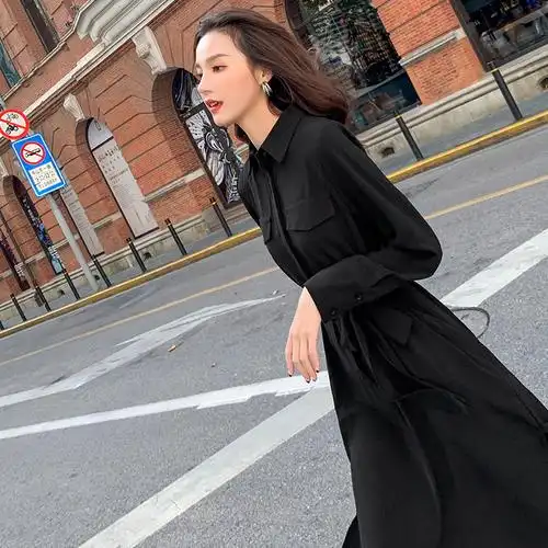 黑色衬衫连衣裙女装2020年春秋宽松收腰雪纺连衣裙气质复古长裙子