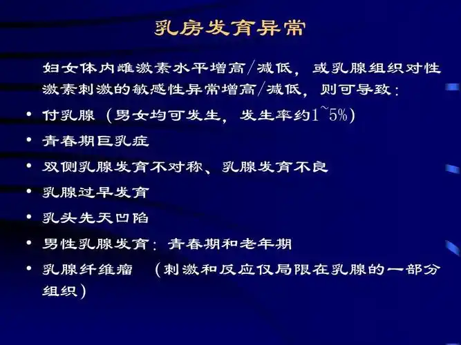 付乳腺(男女均可发生,发生率约1~5%) 青春期巨乳症 双侧乳腺发育不