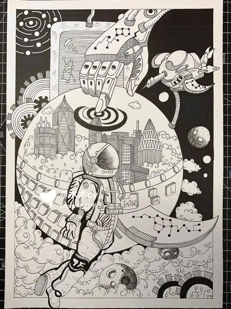 黑白装饰画～航空主题 线描,航空主题,科技,临摹#画画# #黑白装饰画