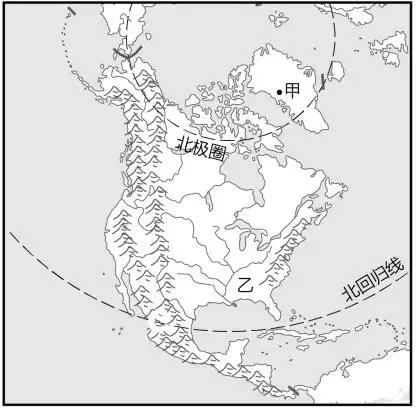 纽芬兰岛b.百慕大群岛c.格陵兰岛d.索马里半岛2.乙附近的河流是()a.