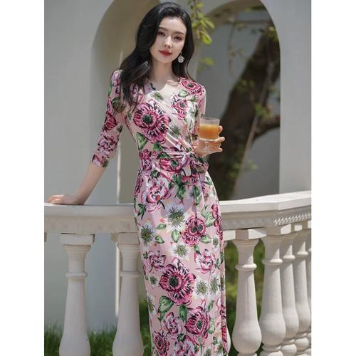 夏日穿搭一整套裹身裙女装法式礼服芍药印花轻奢国韵一片式连衣裙