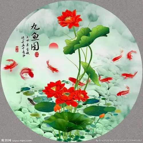 荷花九鱼图图片