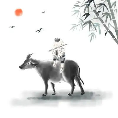 中式古风清明节水墨牧童骑牛吹笛子插画元素清明元素