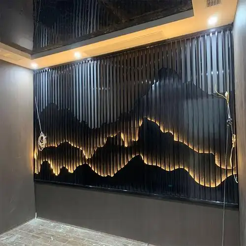 户外不锈钢屏风假山背景墙隔断钛金属格栅山水画酒店大堂玄关装饰