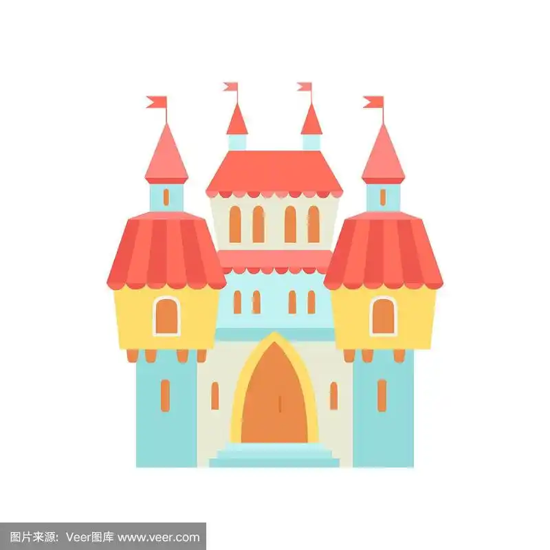 童话般的中世纪魔法城堡城堡,彩色幻想王国卡通矢量插图