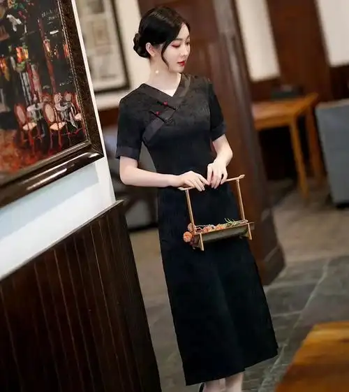 低领旗袍连衣裙2023年新款夏款单层日常可穿大码旗袍