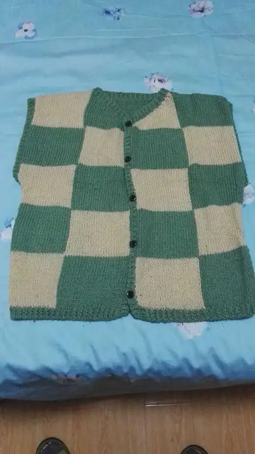 罗莹光用两色毛线编织的毛背心.