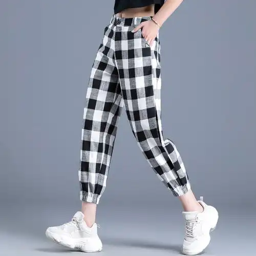老爹棉麻千鸟格女裤裤子亚麻格子黑白薄款夏季休闲裤