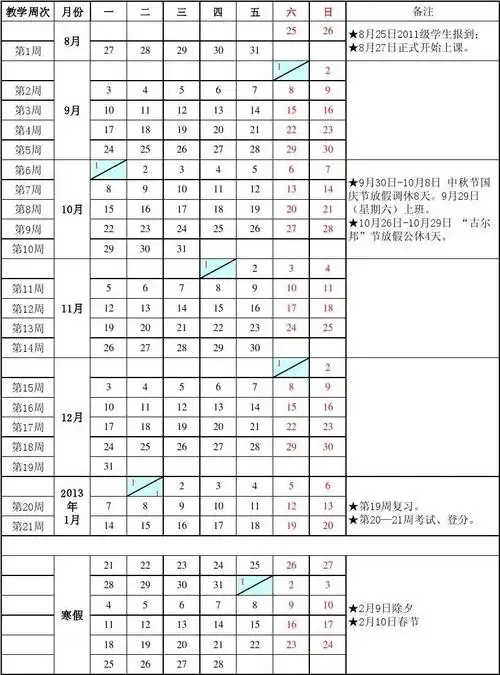 2012-2013学年度第一学期教学周日历