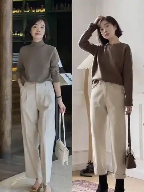 秋天里的米色裤子,搭配这"3种"上衣,时髦显气质,一点不显老_毛衣_白色