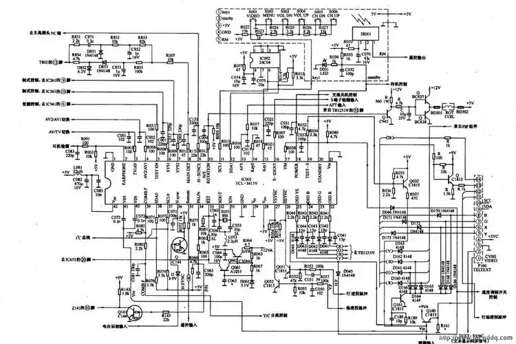 电视机电路  一,遥控电路的组成      遥控电路由主控微处理器ico01