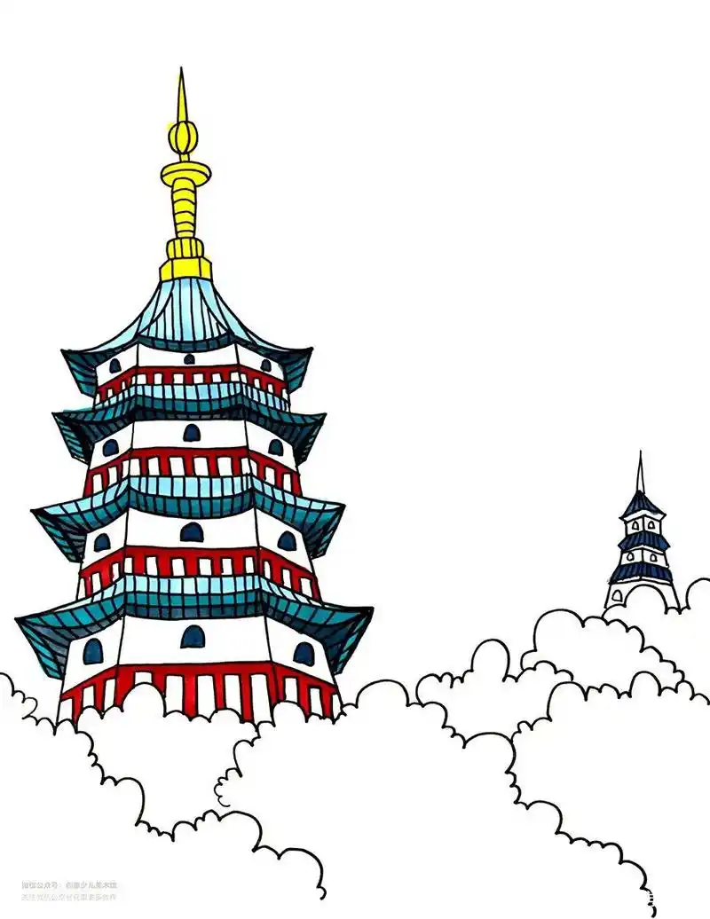 儿童画教程|探寻中国传统古建筑《巍然屹立的古塔》