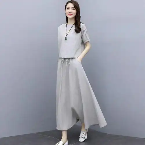 班俏banqiao棉麻阔腿裤套装女2020年夏季新款洋气苎麻裙裤亚麻休闲