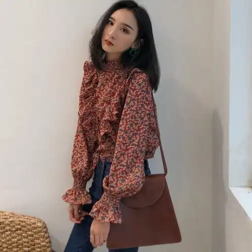 春夏韩版chic风荷叶边复古小碎花衬衫衬衣百搭长袖宽松雪纺上衣女