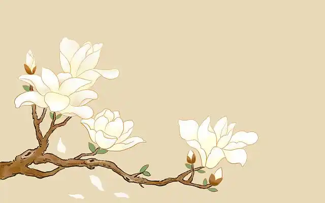 水彩花卉白色玉兰暖色调横版素材插画背景古风花插画海棠花亭子古建筑