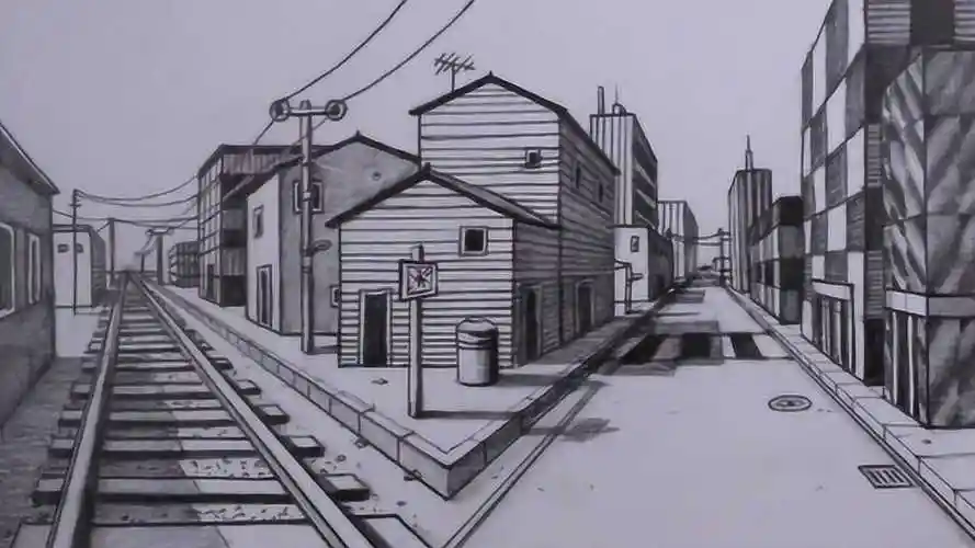 怎么画一个铁道旁的小镇?用一点透视绘制