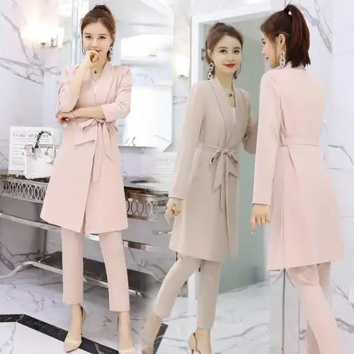 性感时尚套装女士春新品甜美女装中长风衣外套修身小脚长裤两件套