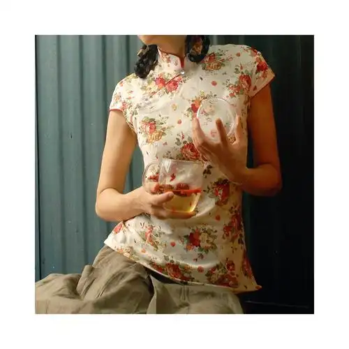 伍曼 初见—素雅碎花古典中式立领月牙短袖旗袍上衣棉麻亚麻唐装 (l)