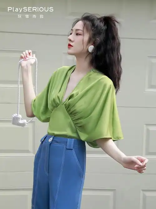 playserious买手finders精选通勤修身浅绿色短袖洋装上衣衬衫