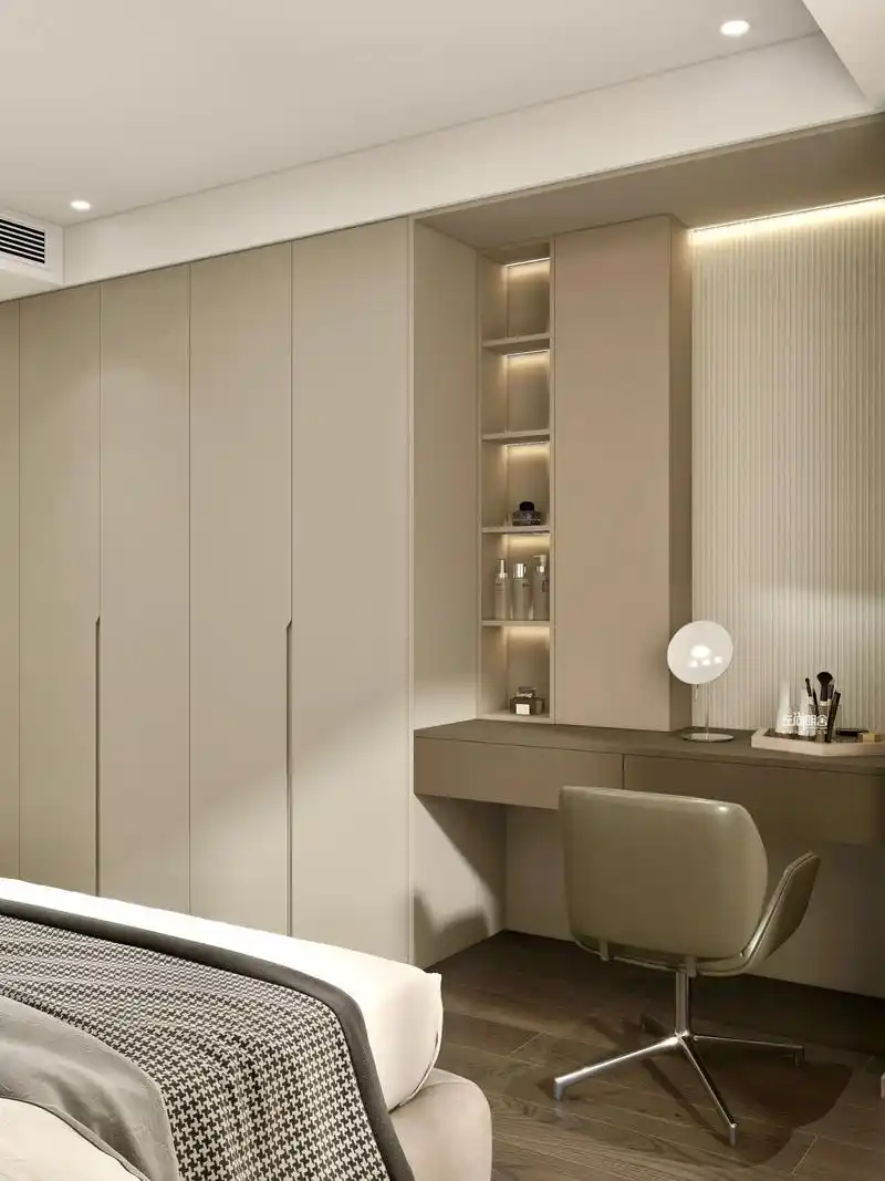 卧室比较长,衣柜可以考虑放在床尾→床尾衣柜 梳妆台一体设计, - 抖音