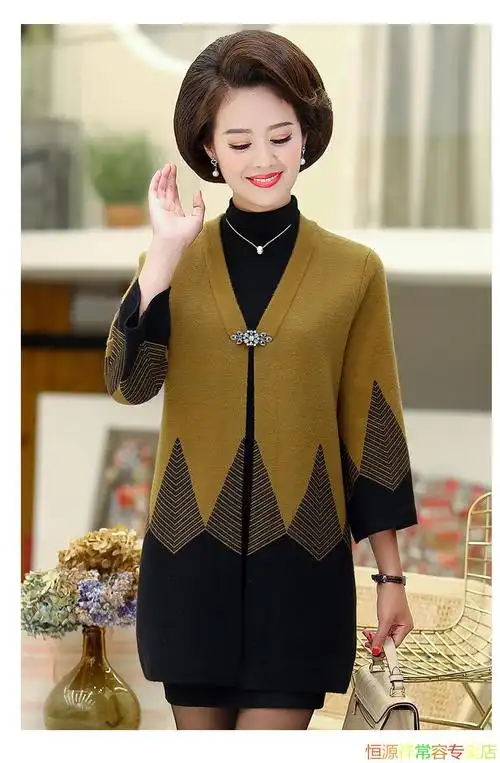 品牌女装中老年女装秋冬针织外套4050岁妈妈装秋衣洋气外穿阔保香槟色