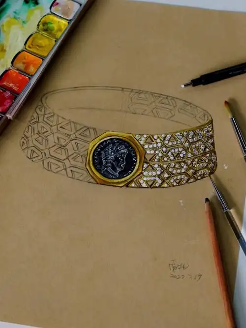 设计师班】南北同学画的宝格丽古币项链,半成品效果也很好看#珠宝手绘