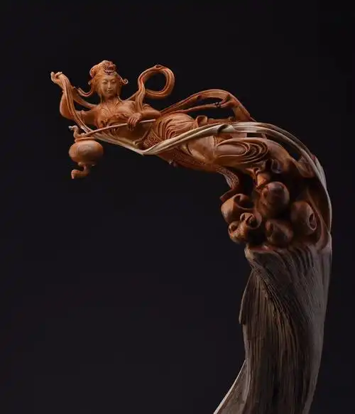 锋纯崖柏女神美女人物山水摆件敦煌飞天雕刻雕塑定制木雕实木真人艺术