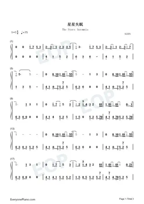 星星失眠-星星藏进星夜还有人没睡眠-抖音热歌双手简谱预览1