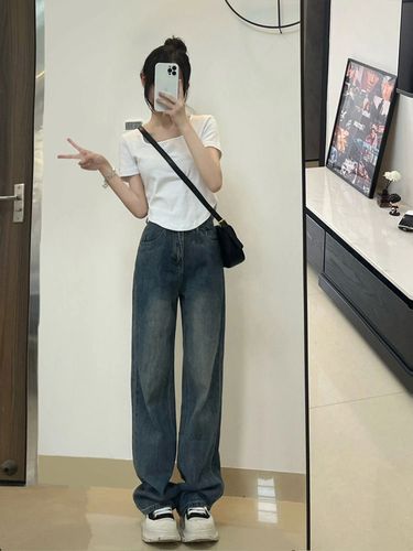 微胖妹妹复古蓝直筒牛仔裤女梨型身材宽松穿搭裤子高腰显瘦阔腿裤