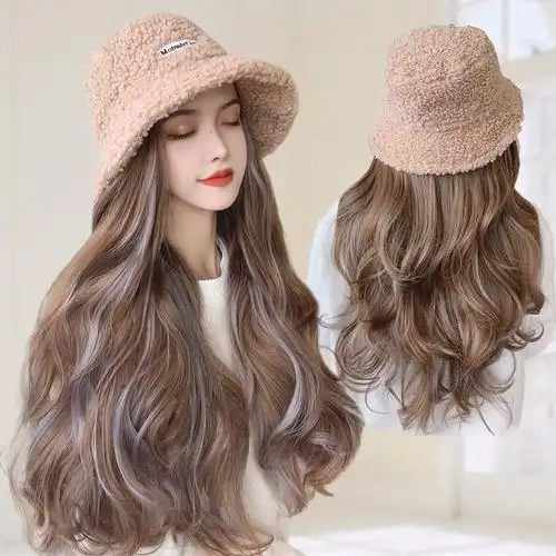假发帽子一体时尚韩版潮2021年爆款女秋冬保暖羊羔毛挑染帽子假发