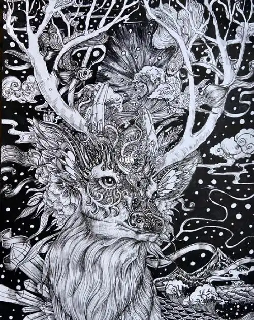 黑白装饰画  #装饰画  #日本浮世绘  #插画分享  #线描 #动物 #视觉